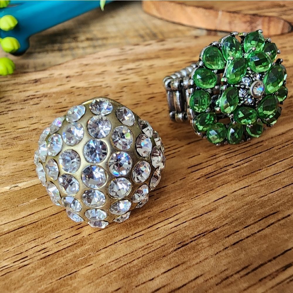 Two Macy's Stretch Rings with glass crystals NWOT